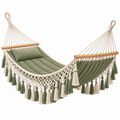 Amaca 200 x 100 cm in cotone verde e beige con barre in legno stile boho - Selvorniq