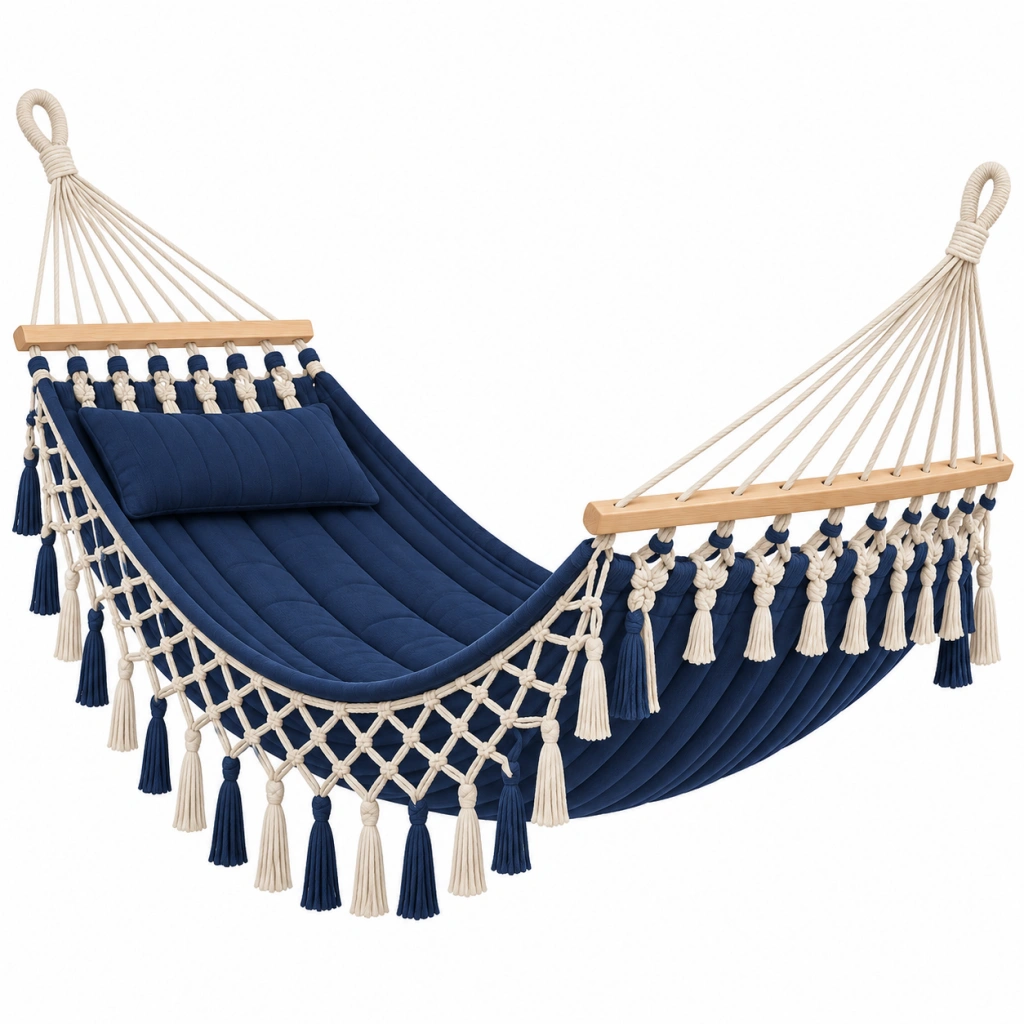 Amaca sospesa 200 x 100 cm in tessuto blu e corda di cotone stile boho - Selvorniq