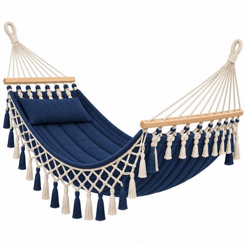 Amaca sospesa 200 x 100 cm in tessuto blu e corda di cotone stile boho - Selvorniq