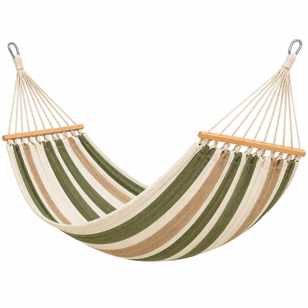 Amaca da giardino 200 x 100 cm in cotone verde beige e bianco con barre in legno - Selvorniq