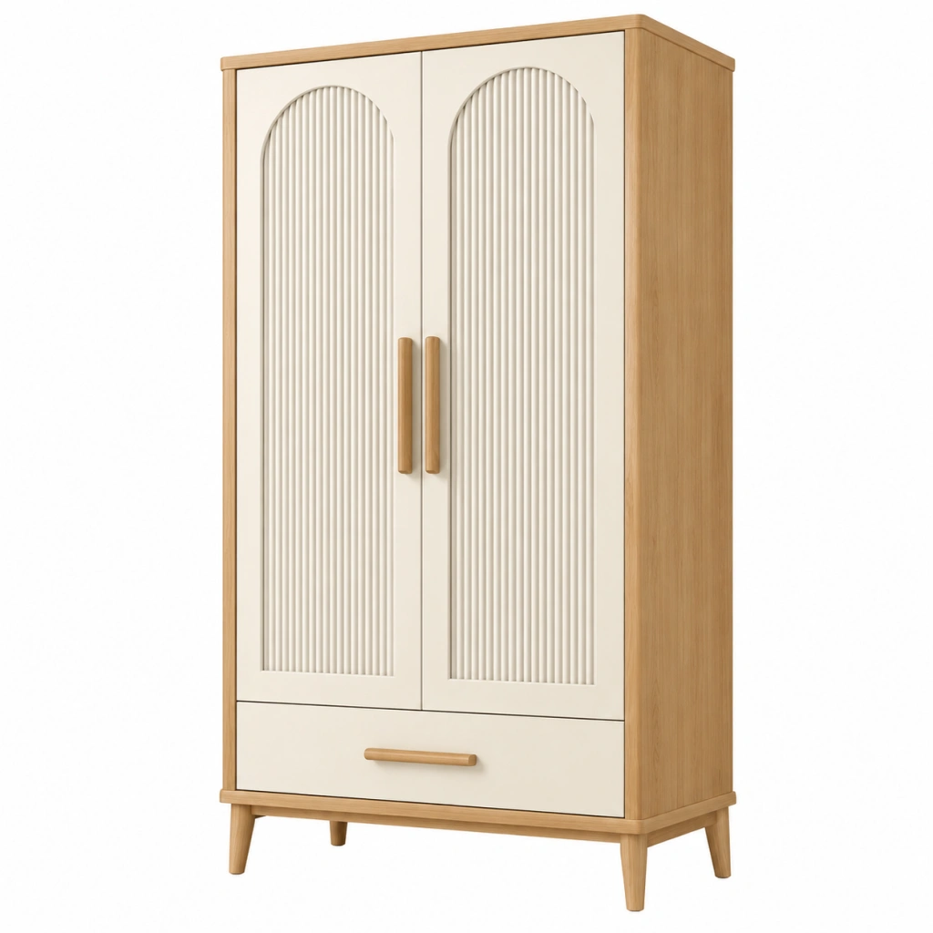 Armadio 90 x 50 x 180 cm in legno beige e naturale con 2 ante e cassetto stile moderno - Selvorniq