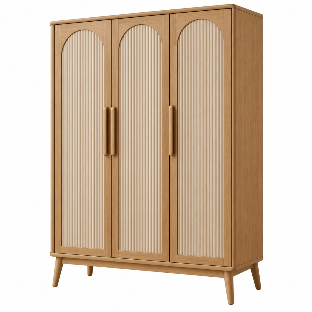 Armadio 120 x 55 x 180 cm in legno naturale a 3 ante con pannelli scanalati stile moderno - Selvorniq