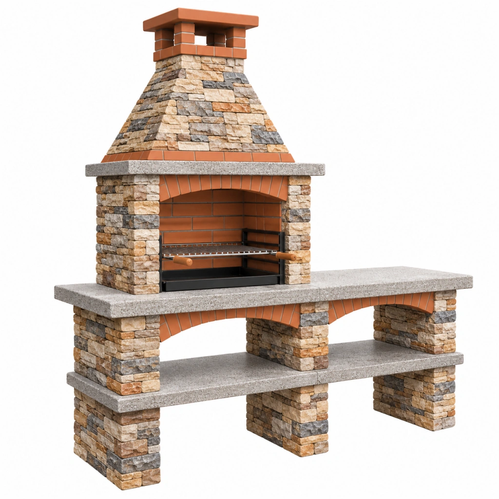 Barbecue da giardino in pietra e mattone 180 x 70 x 250 cm con griglia in acciaio - Selvorniq