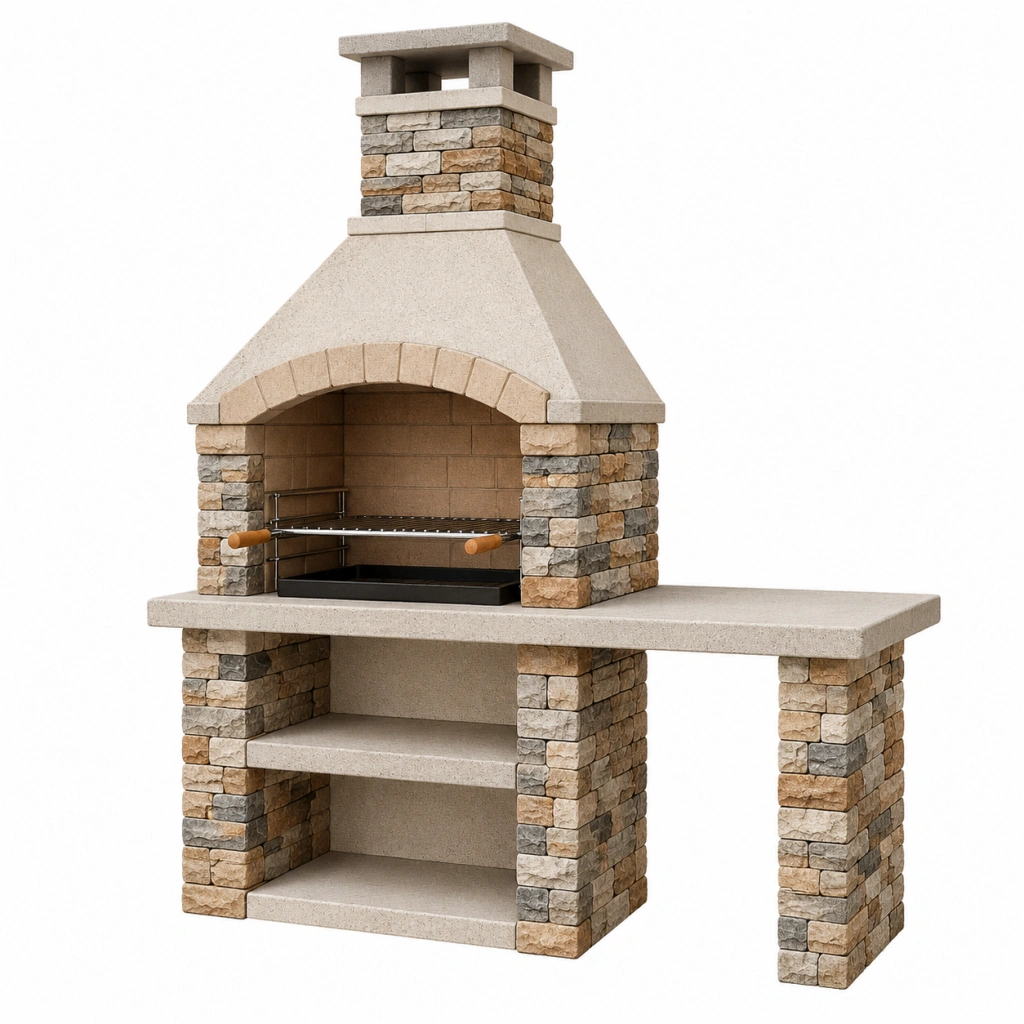 Barbecue da giardino in muratura 180 x 70 x 230 cm in pietra beige con griglia stile rustico - Selvorniq