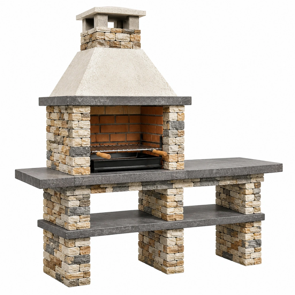 Barbecue da giardino 160 x 70 x 220 cm in pietra beige e grigio con camino e griglia - Selvorniq