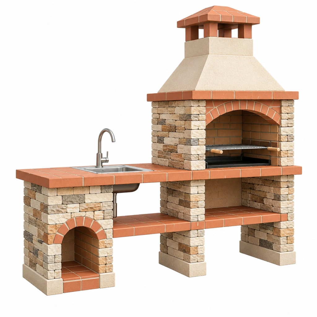 Barbecue da giardino in muratura 180 x 70 x 250 cm pietra beige e terracotta con lavello e griglia - Selvorniq