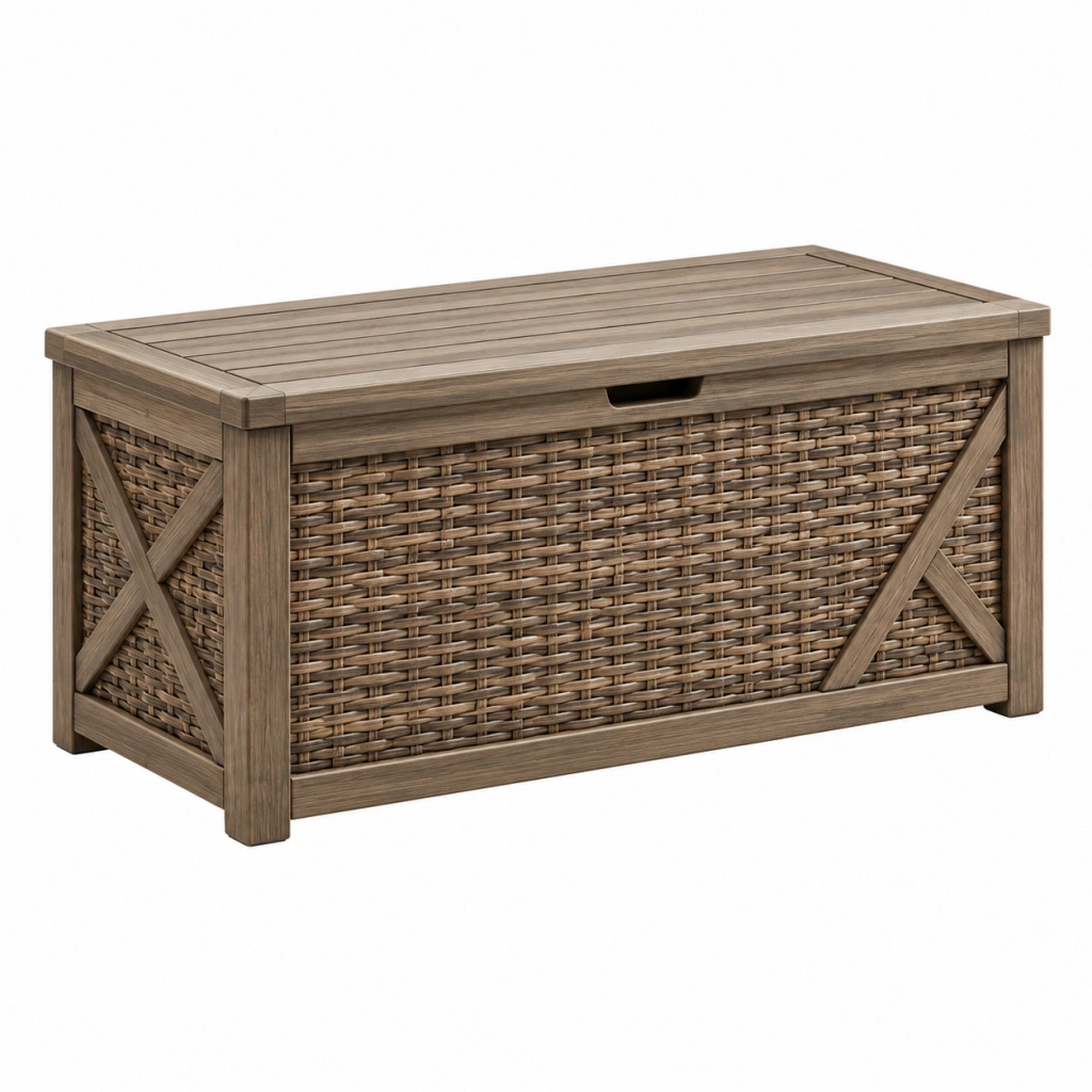 Cassapanca da esterno 120 x 55 x 60 cm in resina marrone effetto rattan con coperchio - Selvorniq