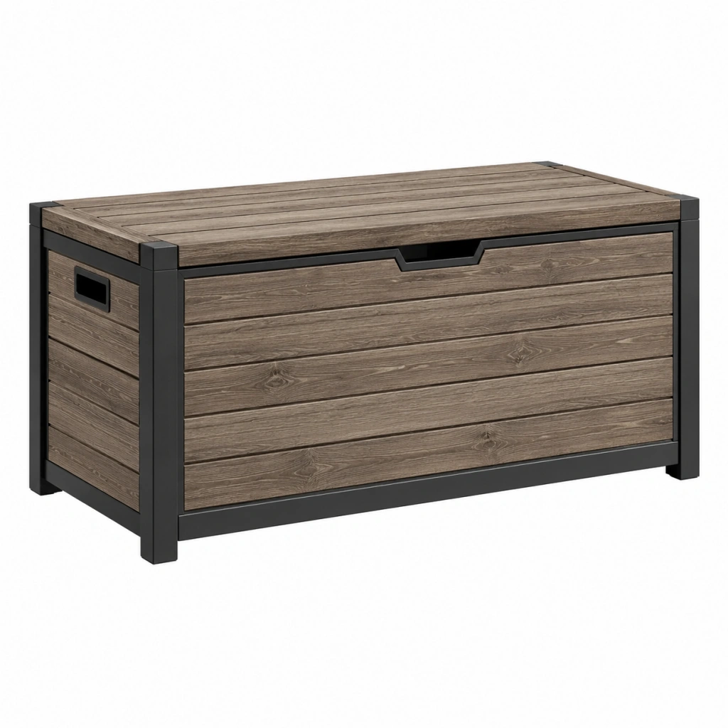 Cassapanca contenitore da esterno 120 x 60 x 65 cm effetto legno marrone con struttura nera - Selvorniq