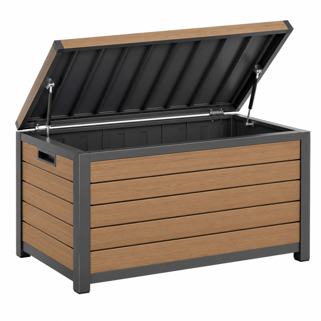Cassapanca da esterno 130 x 70 x 70 cm in metallo e pannelli effetto legno marrone nero con coperchio sollevabile - Selvorniq