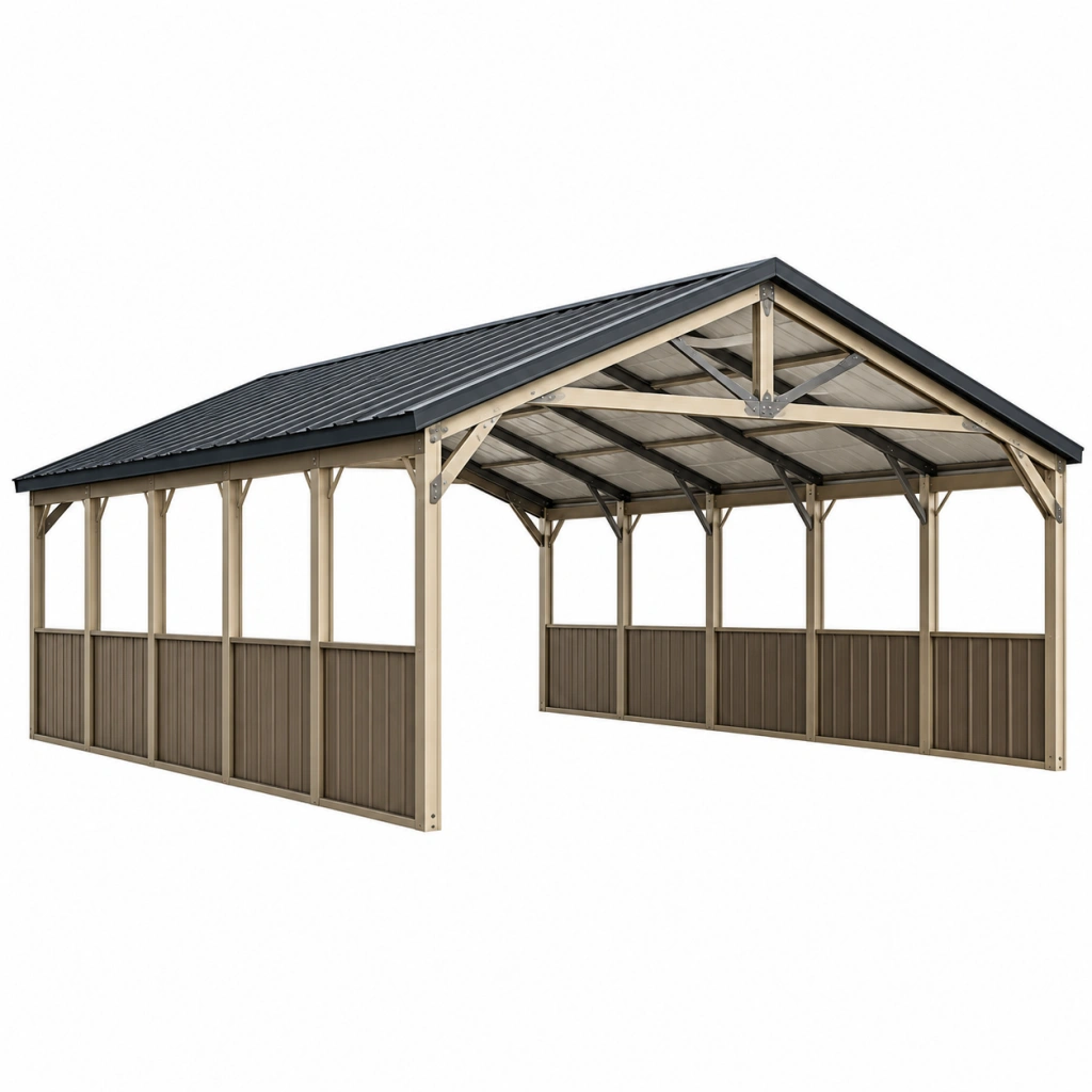 Tettoia da giardino 600 x 300 x 270 cm in acciaio beige e antracite con tetto a due falde - Selvorniq