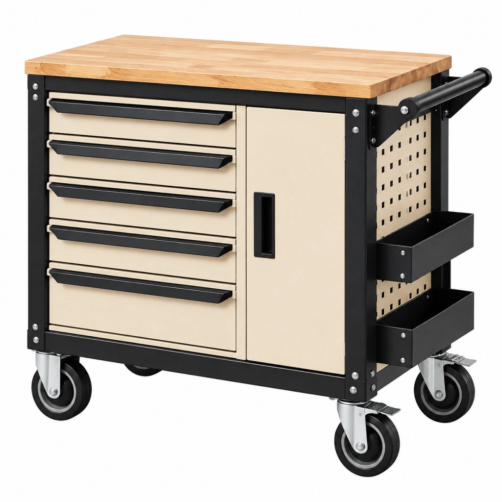 Carrello portautensili 100 x 50 x 95 cm in acciaio beige e nero con piano in legno e ruote - Selvorniq