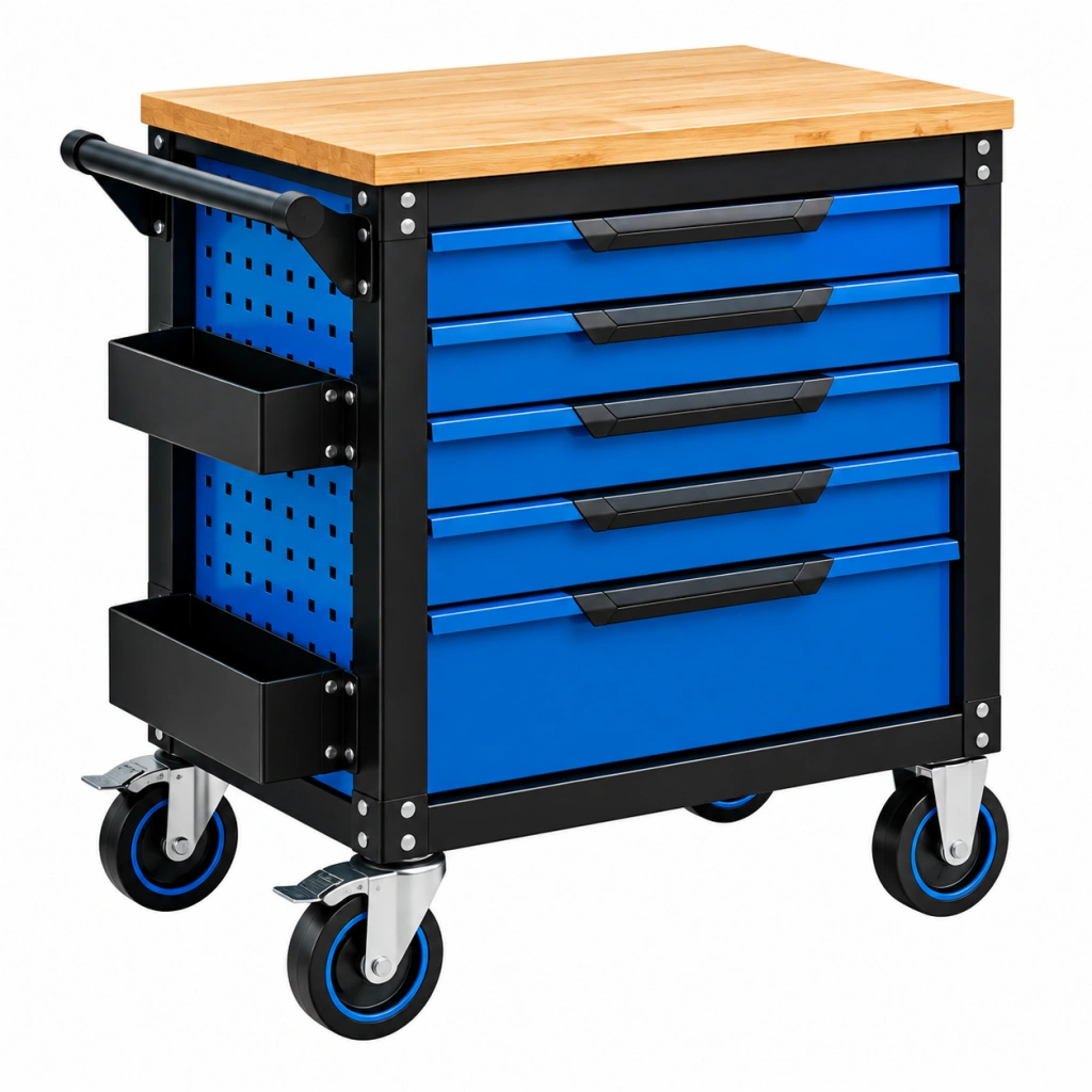 Carrello portautensili 77 x 46 x 97 cm in acciaio blu e nero con piano in legno - 5 cassetti e ruote - Selvorniq