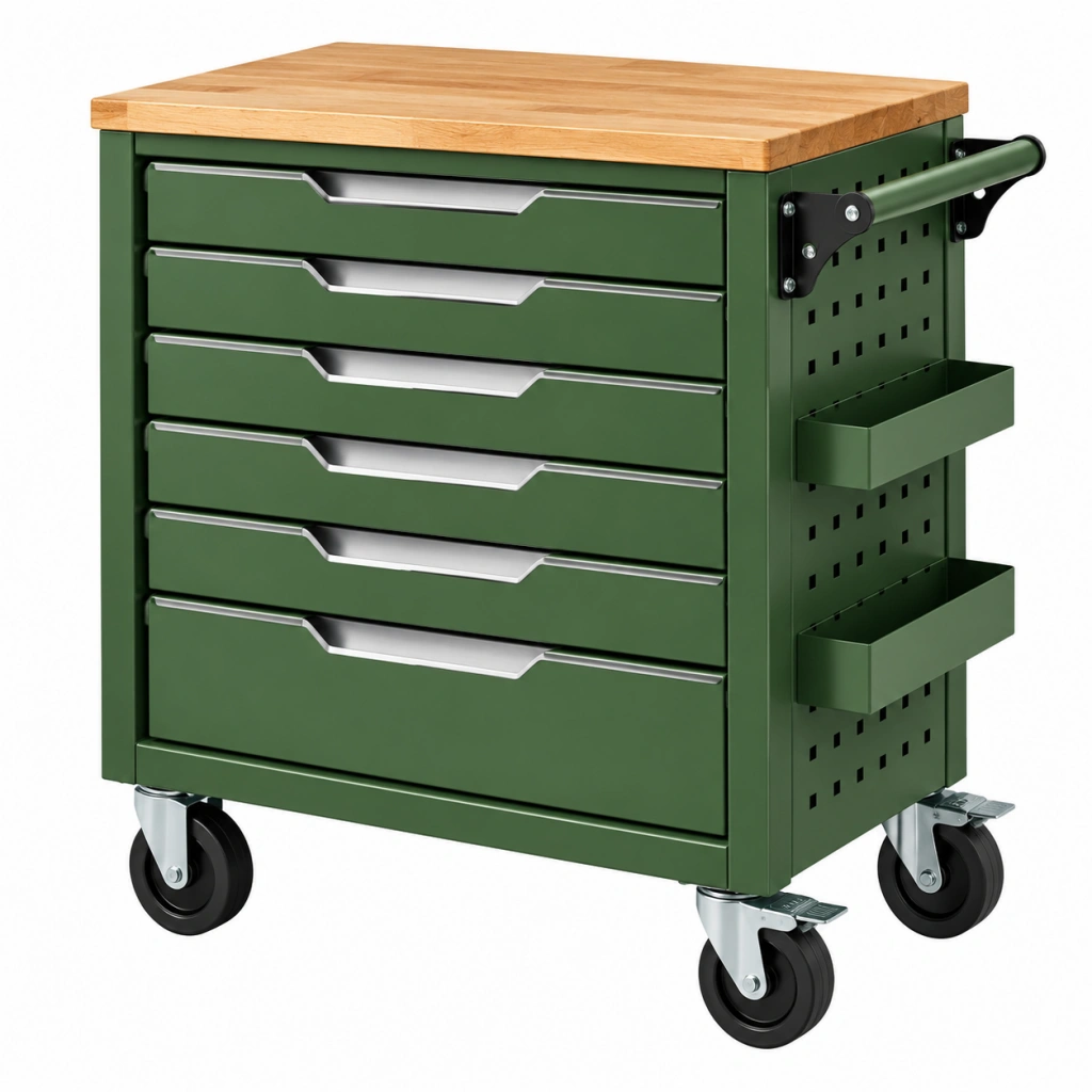 Carrello portautensili 77 x 46 x 95 cm in acciaio verde con piano in legno e sei cassetti mobile da officina - Selvorniq