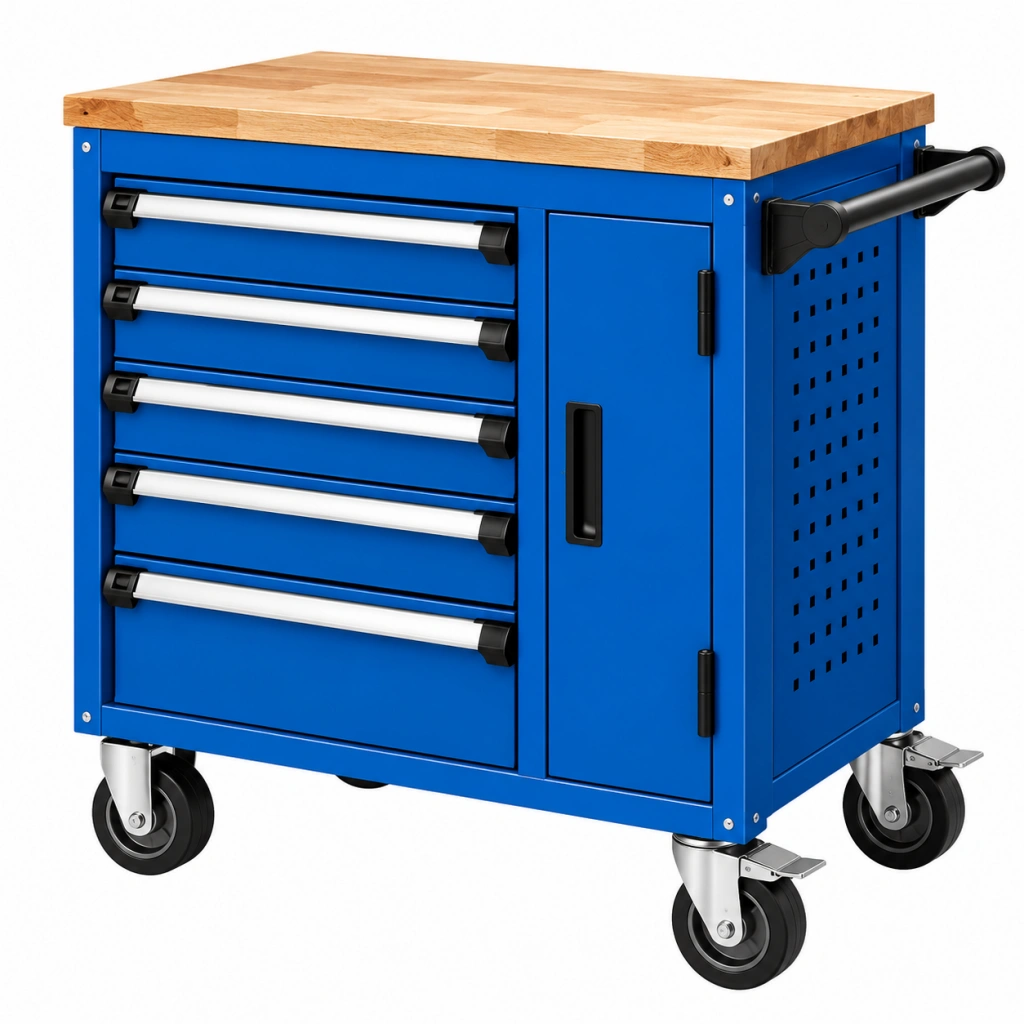 Carrello portautensili 100 x 50 x 95 cm in acciaio blu con piano in legno e 5 cassetti - Selvorniq
