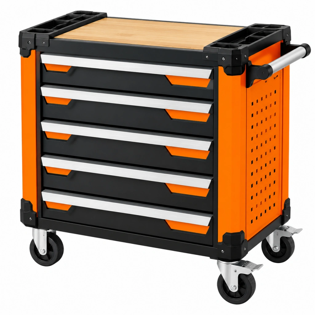 Carrello portautensili 77 x 46 x 97 cm in acciaio nero e arancione con 5 cassetti e piano in legno - Selvorniq