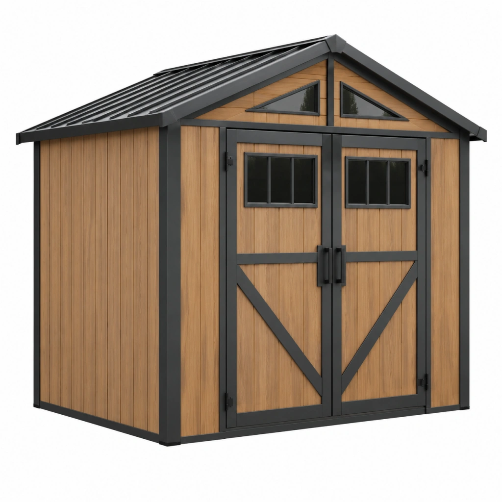Casetta da giardino 200 x 150 x 200 cm in pannelli effetto legno marrone con struttura nera e doppia porta - Selvorniq