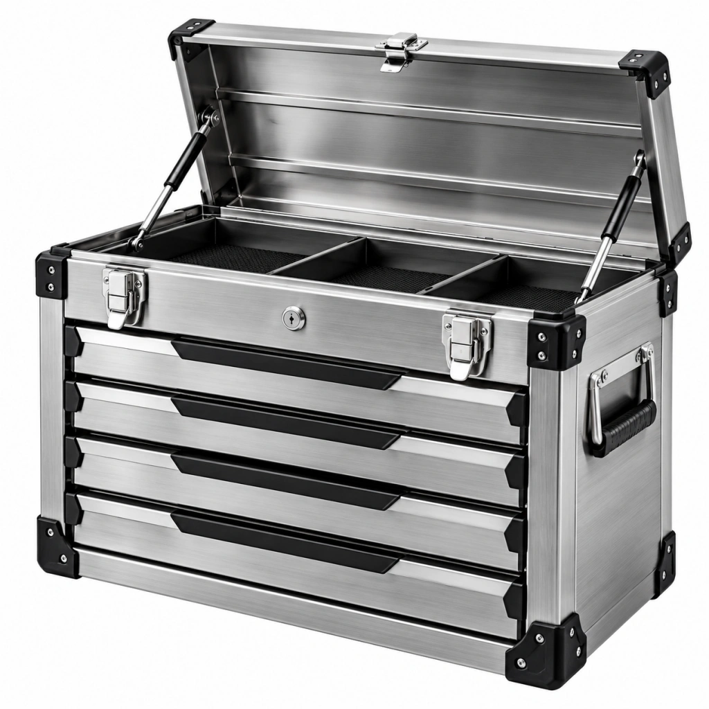 Cassetta portautensili 52 x 30 x 40 cm in alluminio argento e nero con 4 cassetti - Selvorniq